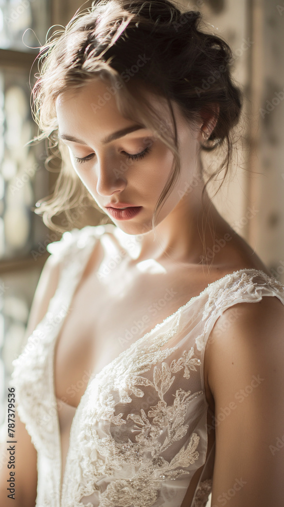 Serene bride in delicate lace dress, intimate bridal portrait Serene bride in delicate lace dress, intimate bridal portrait