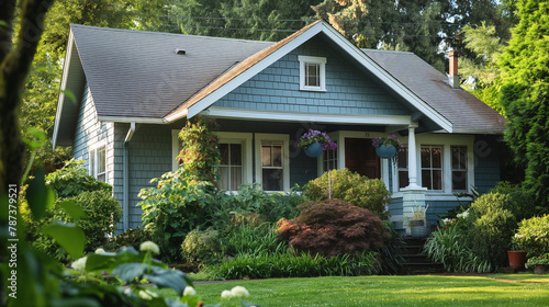 Cottage home, lush garden landscape, tranquil suburban living © Cozy Art