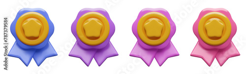 3D winner medals with star, award rosette and ribbons. Different color variations set of cute three dimensional quality badge vector illustrations.