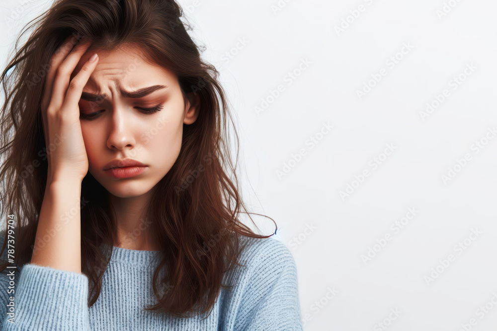 Woman with stressed facial expression portrait on a white background copy space Woman with stressed facial expression portrait on a white background copy space