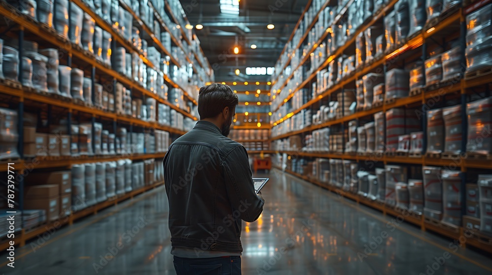 Inside a modern logistics hub, a manager checks a tablet with real-time inventory data, surrounded by high shelves filled with goods and robotic arms sorting packages.