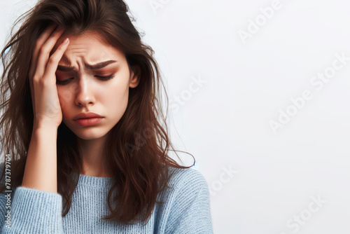 Woman with stressed facial expression portrait on a white background copy space