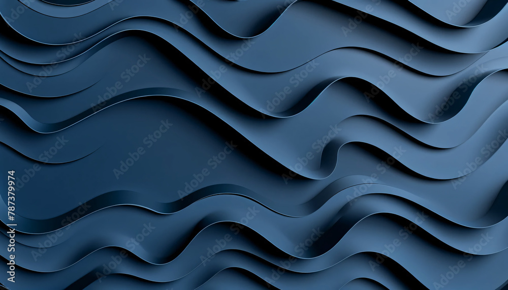 A textured background with layered, wavy shapes in a monochromatic deep blue scheme, the shapes resemble undulating fabric - obrazy, fototapety, plakaty 