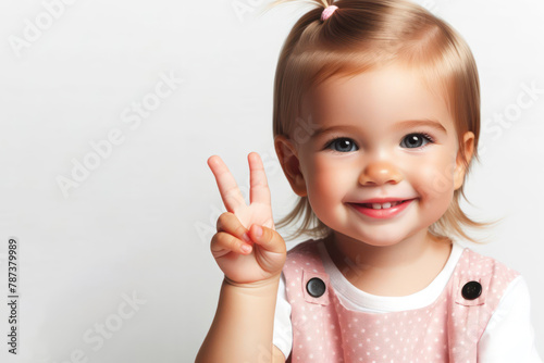 Little baby with a smiling happy face shows a peace sign with her fingers on bright color background