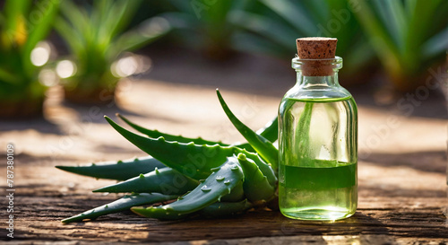 Glass bottles with aloe vera essential oil on green background with aloe leaves. Natural cosmetics, skin care, spa treatment photo