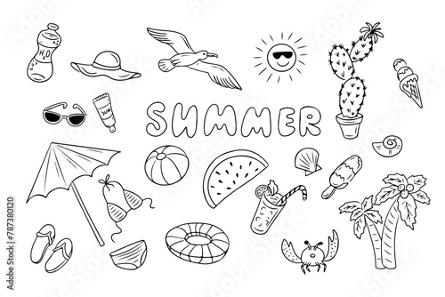 Set of hand drawn ink black summer doodles. Vacation summer concept. Sea beach related items isolated on white background. Good for coloring pages, tattoos, stickers