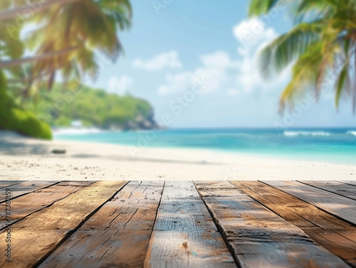 Beautifully blurred background of an empty wooden table with a beautiful tropical beach in the summer for product display, copy space, and banner template. a tropical beach in the summer. 