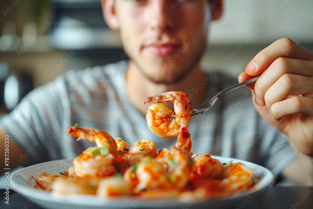 Man enjoys boiled prawns at home, savoring seafood Stock Photo | Adobe ...