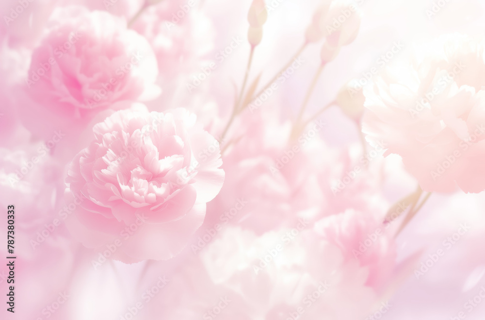 Pink carnations on a pastel background with soft focus and dreamy light. Delicate and ethereal with a floral background in gentle sunlight creating a romantic atmosphere of blooming flowers.