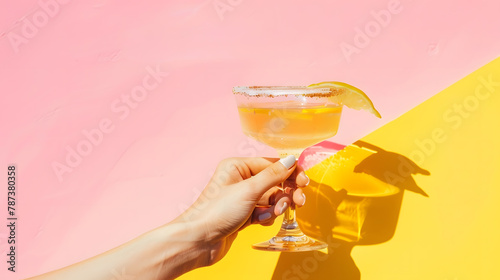 Female hand taking glass of delicious margarita cocktail isolated over pink yellow background Concept of cocktails alcoholic drinks taste party mix Copy space for ad Retro style : Generative AI