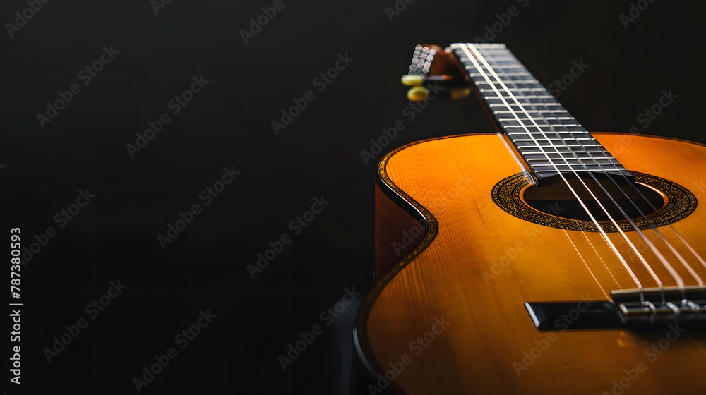 Fototapeta premium Classical guitar close up dramatically lit on a black background with copy space : Generative AI