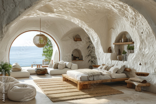  Cave style house interior, boho aesthetic with large bed and couches, sea view, white stone walls, arch shaped windows overlooking the ocean. Created with Ai © AllAbout