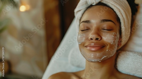 A woman with clear  blemish-free skin enjoying a spa day with skincare treatments.