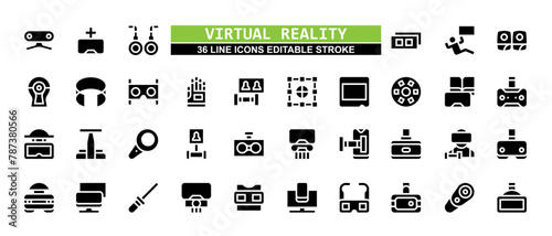 36 Virtual Reality Line Icons Set Pack Editable Stroke Vector Illustration.