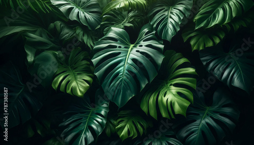 A vibrant of a dense collection of tropical monstera leaves. The leaves lush and green with a rich  dark undertone