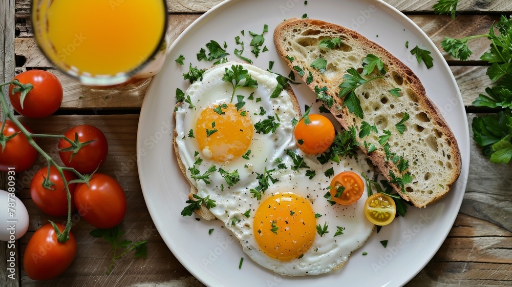 Herb and tomato fried eggs with bread, orange juice, top view on white plate and wooden table Herb and tomato fried eggs with bread, orange juice, top view on white plate and wooden table
