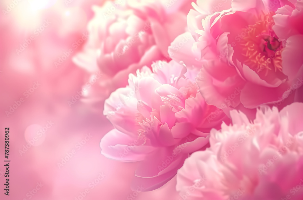 Pink background with blurred pink peony flowers, a light pink and white color scheme with soft tones and blurred details creating a delicate texture and dreamy atmosphere.