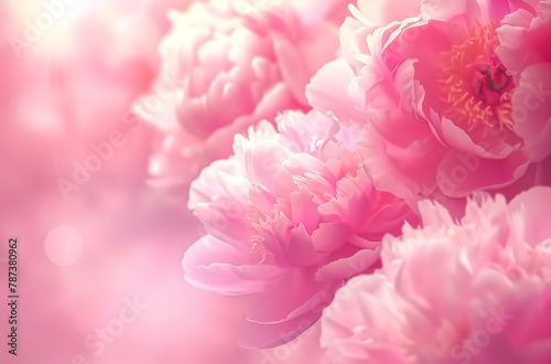 Pink background with blurred pink peony flowers, a light pink and white color scheme with soft tones and blurred details creating a delicate texture and dreamy atmosphere.