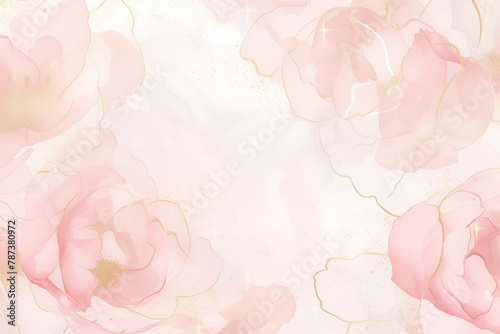 Pink rose petals and a white marble texture with delicate details and a water color effect with blurred edges and elegant curves. The golden elements add luxury to the entire composition. 