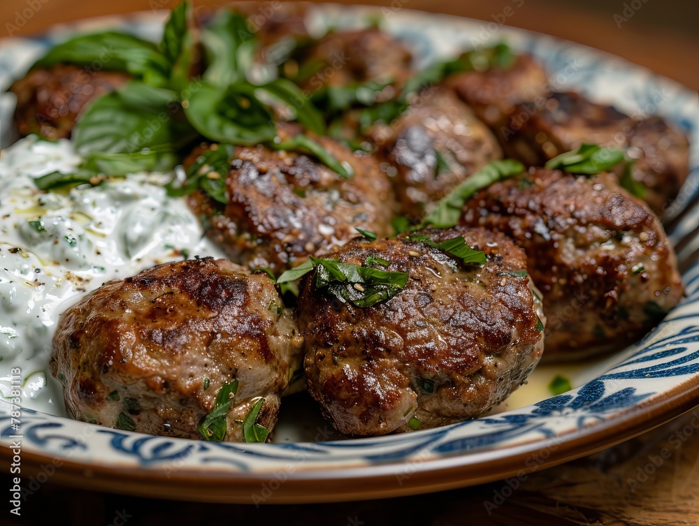 Juicy grilled meatballs with basil and tzatziki