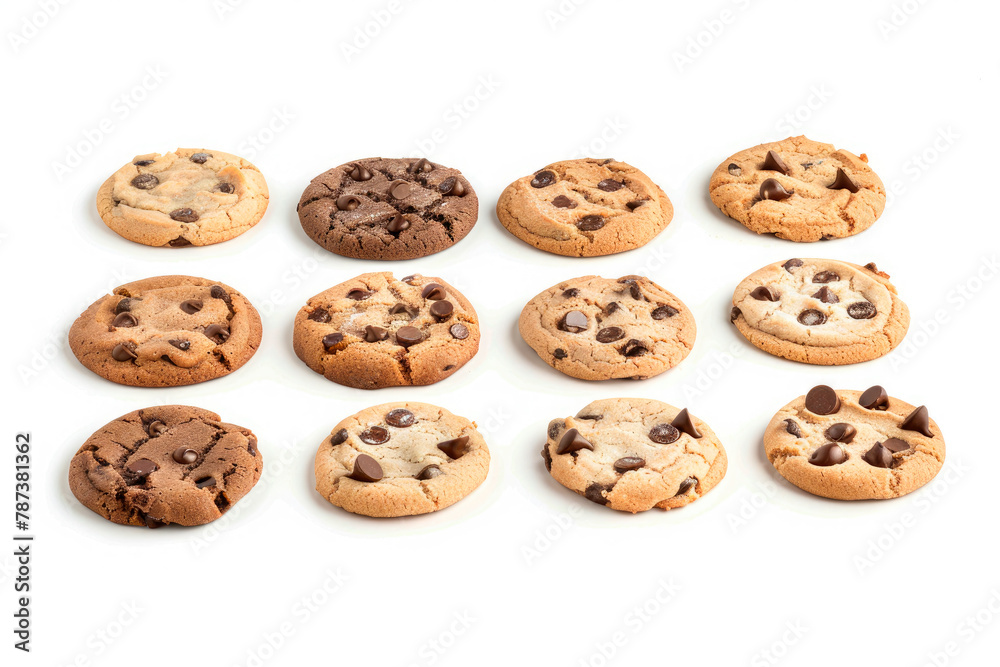 set of variety chocolate chip cookies on white background set of variety chocolate chip cookies on white background