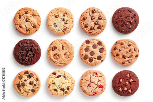 set of variety chocolate chip cookies on white background