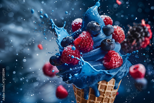 Waffle cone of sweet ice cream with berries and splashes of milk and syrup on a dark background