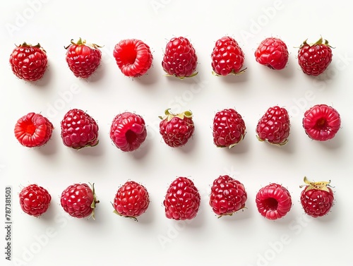 Fresh raspberries arranged neatly on white