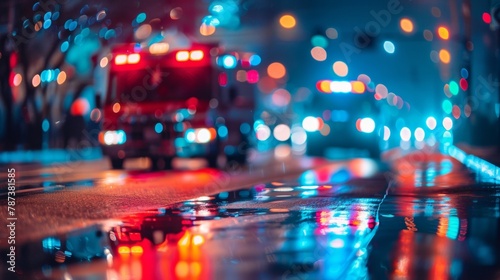 Vibrant splashes of color and blurred emergency equipment give a sense of frantic energy in the defocused backdrop symbolizing the frenzied pace of emergency procedures. . photo