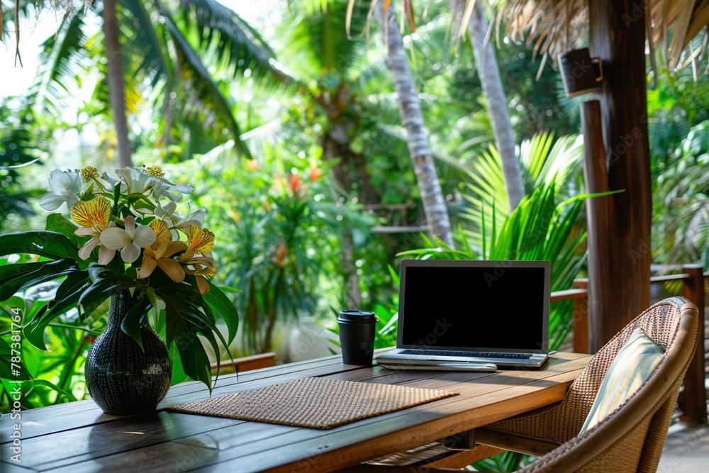 Fototapeta premium An inviting outdoor home office setup, complete with a laptop, tablet, and notebook, nestled among the lush greenery of a tranquil tropical garden, Freelance home office in tropics.