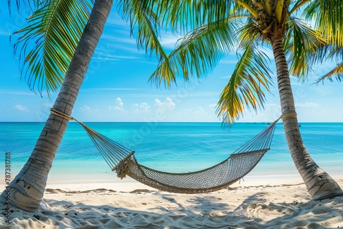 A peaceful hammock sways between two towering palm trees on a pristine beach, offering a tranquil retreat by the clear turquoise waters.