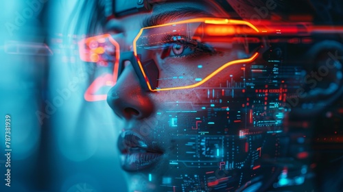 A woman's face is projected onto a computer screen, with a futuristic cityscape in the background. Concept of technology and innovation, as well as a futuristic, almost otherworldly atmosphere