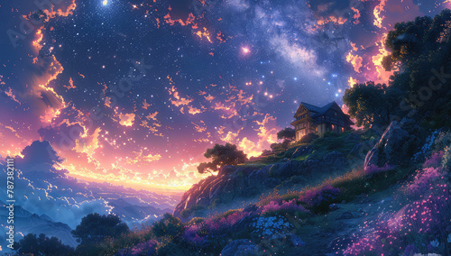 Starry sky  small house on a hillside  surrounded by purple and blue clouds  there is an orange light in front of it. Created with Ai