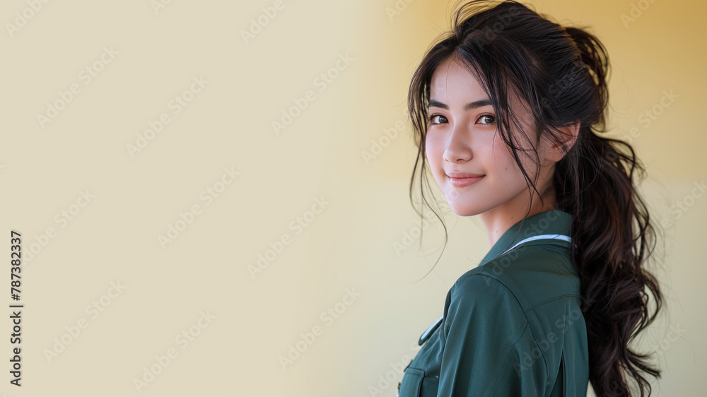 Malay student in green school uniform smiling at college education