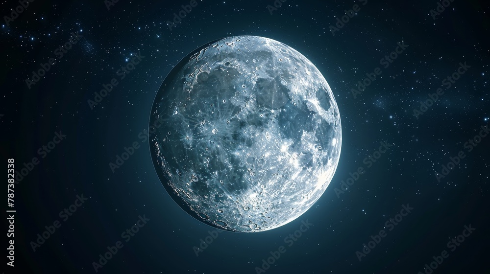 A large, bright blue moon in the night sky. The moon is surrounded by a dark background of stars