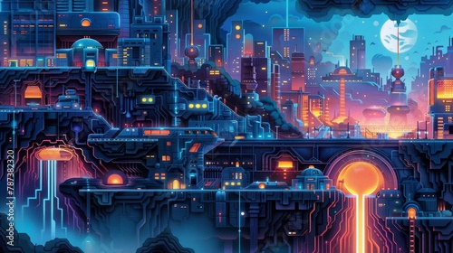 A cityscape with a lava flow in the middle. The city is lit up with neon lights and the lava is orange. Scene is intense and futuristic