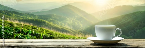 Green tea cup against mountain field backdrop with abundant space for text placement
