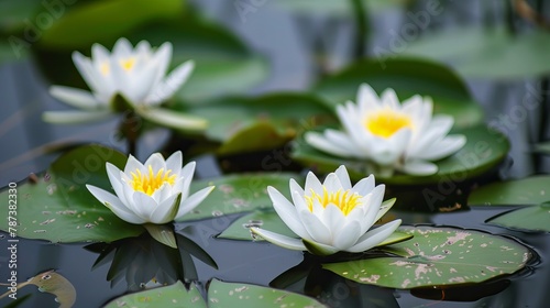 white water lily flowers in pond, blooming water plant