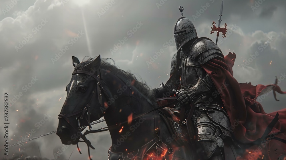 medieval knight on horse in metal armor with sword and helmet