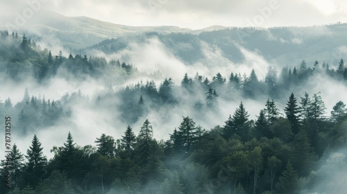 A misty forest with trees and clouds in the sky. The foggy atmosphere creates a sense of mystery and tranquility, as if the viewer is walking through a hidden, enchanted forest. The trees are tall