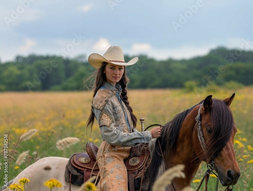 Country singer on horseback in flower field. Young woman in cowboy attire posing on a horse amidst a blooming meadow photo