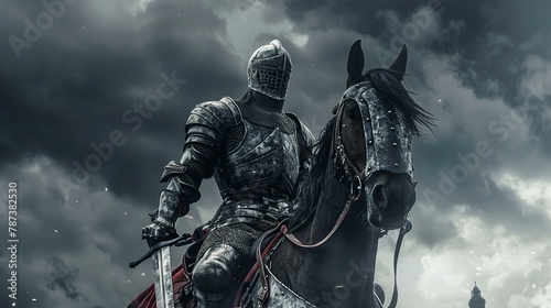 medieval knight on horse, in metal armor with sword and helmet