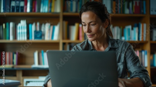 Woman Working on Laptop in Library