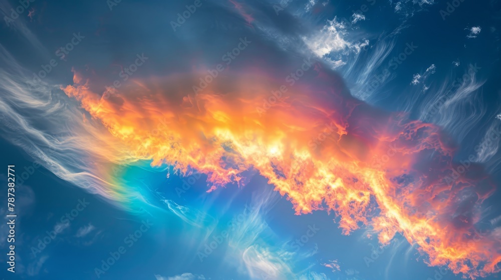 A rainbow is seen in the sky above a blue sky. The rainbow is very bright and colorful, and it seems to be stretching across the entire sky. Scene is one of wonder and awe - obrazy, fototapety, plakaty 