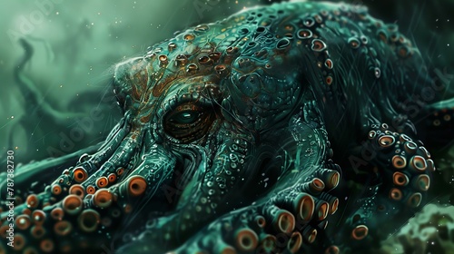 closeup of a green, scary fantasy world octopus