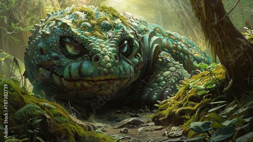 close up of a scary, fantasy world green reptile