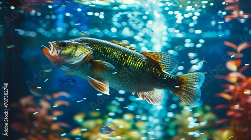 Electric blue rayfinned fish swimming in natural underwater environment