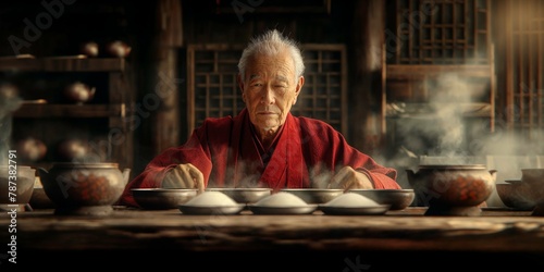Serene buddhist master in zen house with salt pots. Elderly buddhist monk in red robe meditatively sitting at a wooden table with steamy salt pots in a traditional zen house photo