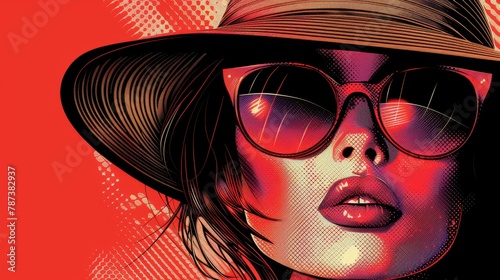 A woman with sunglasses and a hat is the main subject of the image. The woman is wearing a red shirt and the background is red. The image has a bold and vibrant feel to it