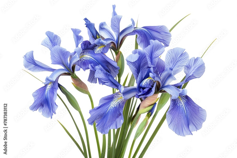 Elegant irises, typically in blue or purple, with slender petals and distinct foliage, adding a touch of sophistication, isolated white background Elegant irises, typically in blue or purple, with slender petals and distinct foliage, adding a touch of sophistication, isolated white background